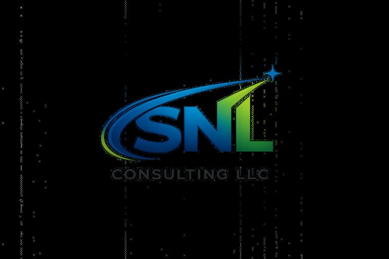 SNL Consulting LLC logo featuring blue and green text with a swoosh design on a dark background with digital elements